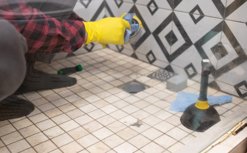 Close-up of hands in yellow rubber gloves cleaning tiles in bathroom. Means for cleaning pipes and p